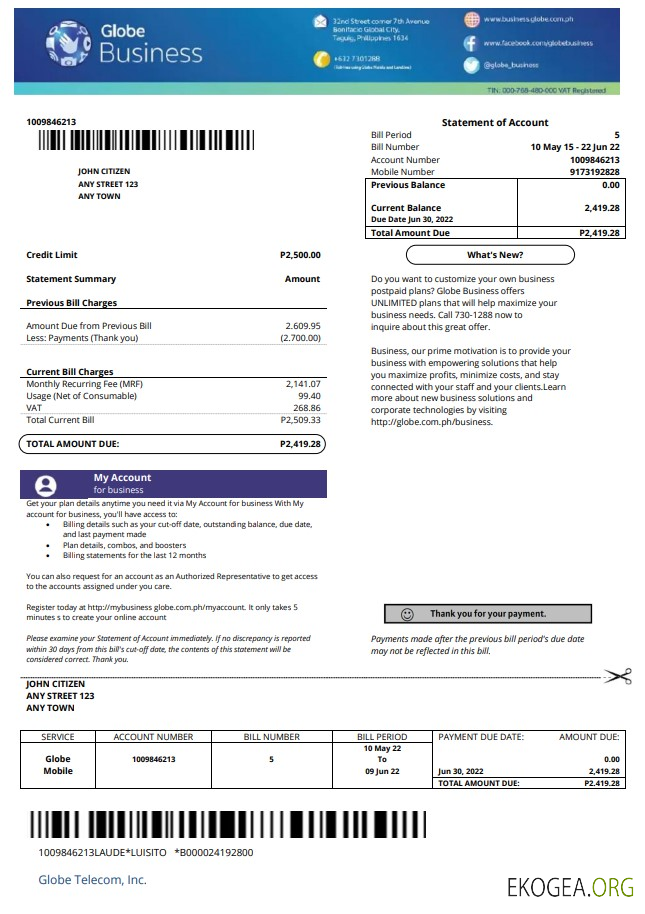 Philippines Globe Business utility bill template in Word and PDF format